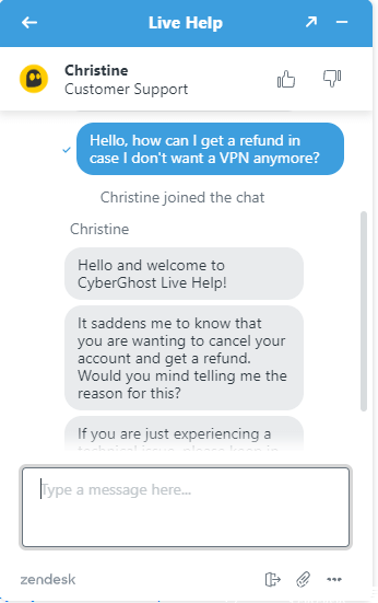 CyberGhost Refund Chat