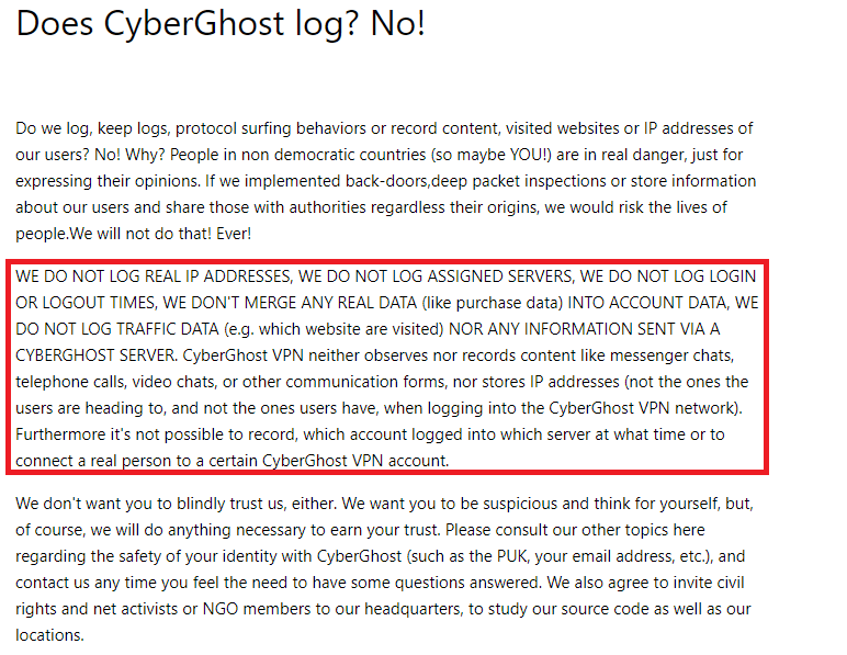 CyberGhost Zero Log Policy