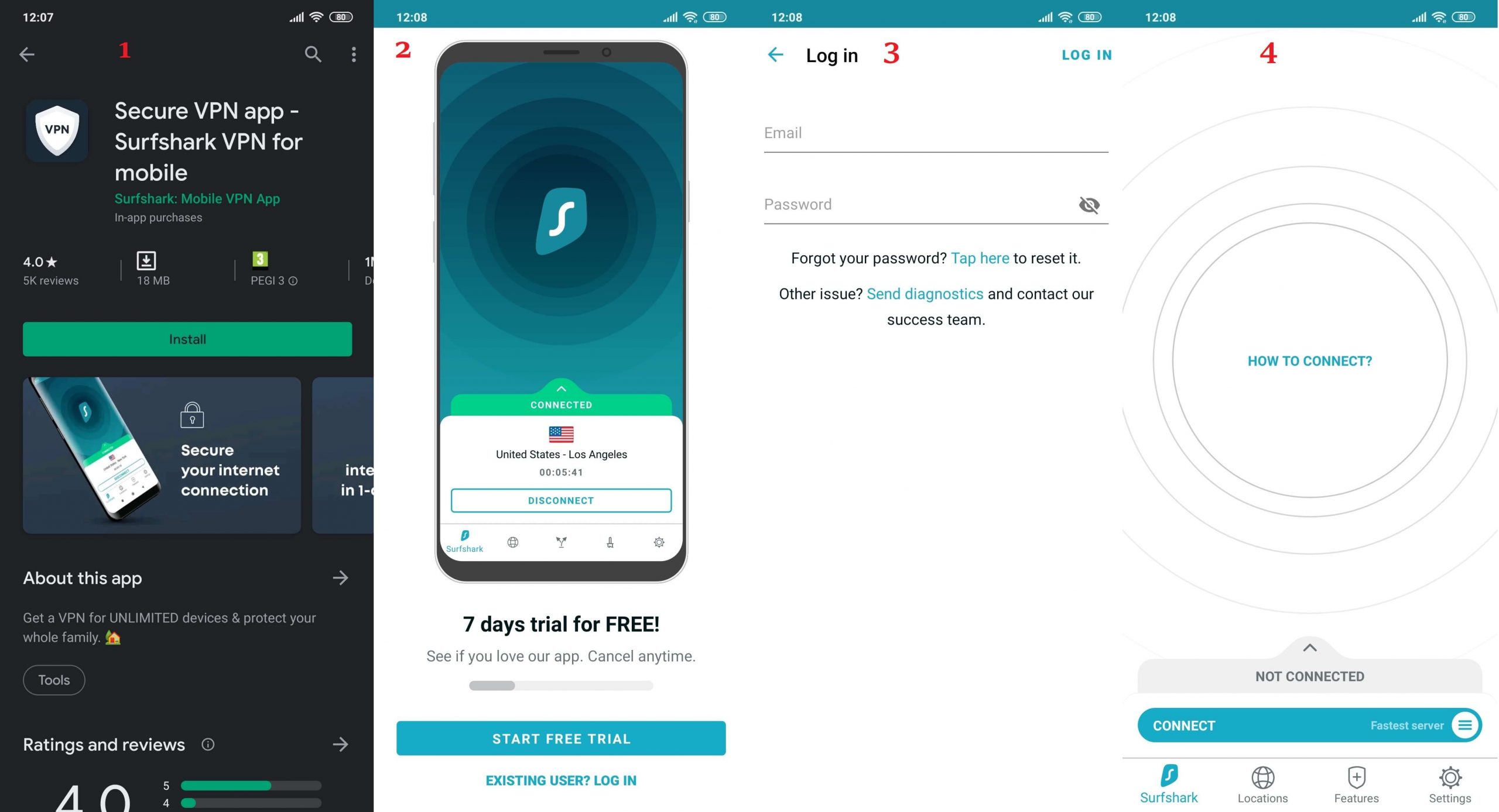 Surfshark Android Steps 1, 2, 3, 4