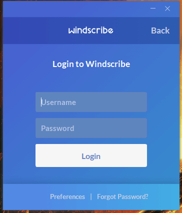 Windscribe Login Screen