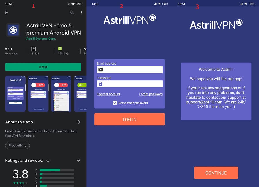 Astrill VPN Android 1, 2, 3