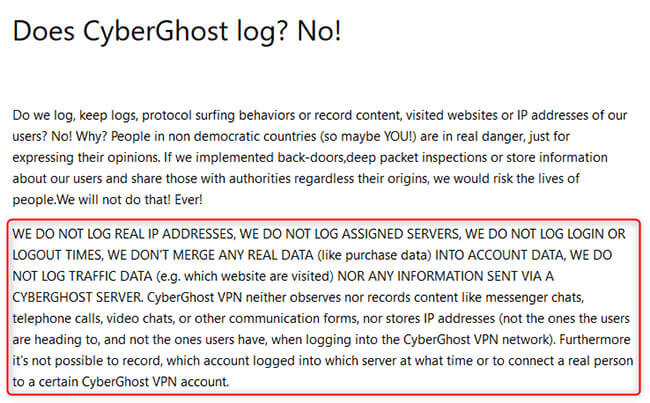 CyberGhost log policy