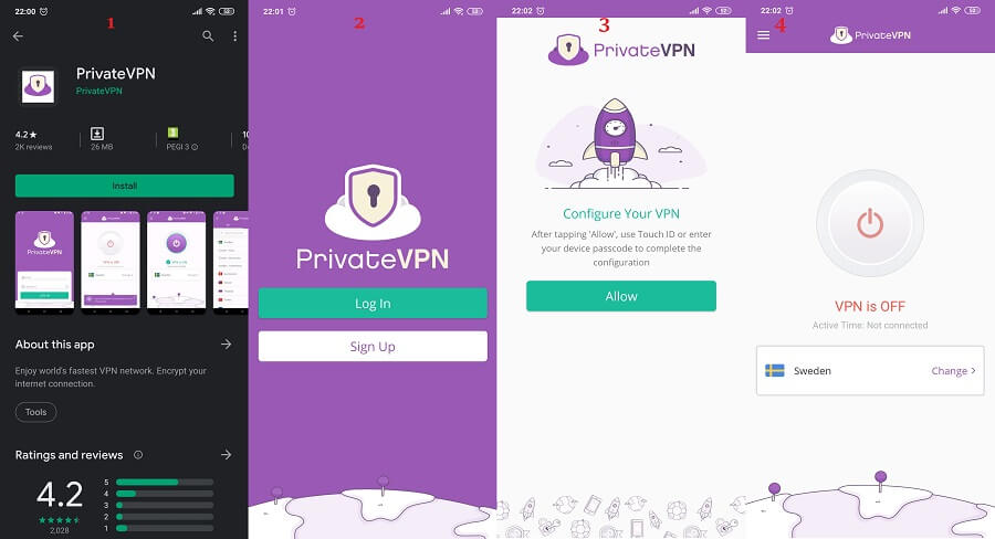 PrivateVPN Android 1, 2, 3 ,4