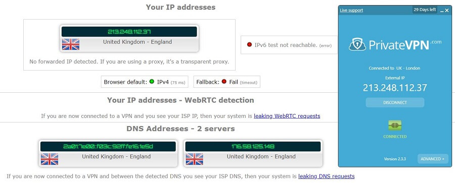 PrivateVPN IP LEAK TEST