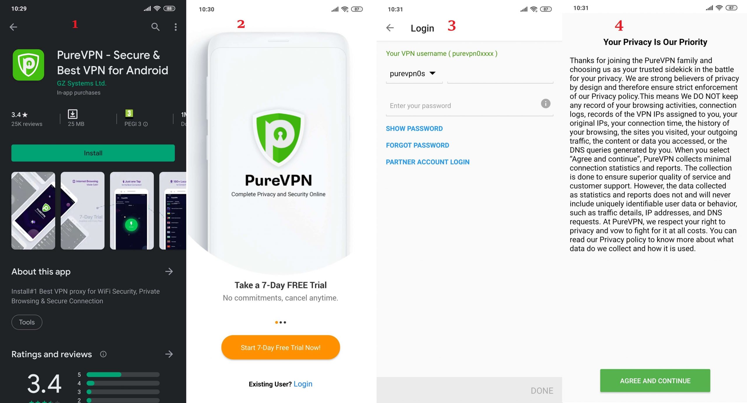 PureVPN Android 1, 2, 3, 4