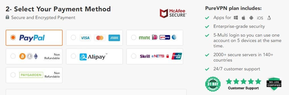 PureVPN Payment Methods