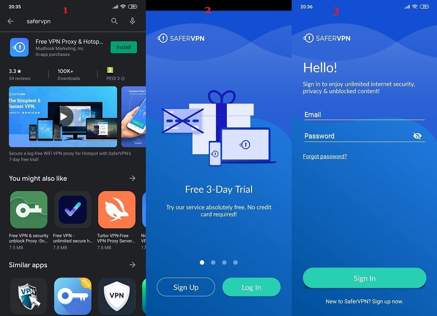 SaferVPN Android 1, 2, 3