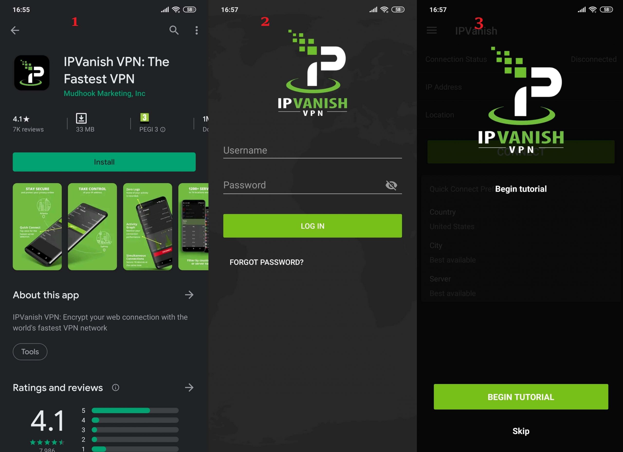 IPVanish Android 1, 2, 3