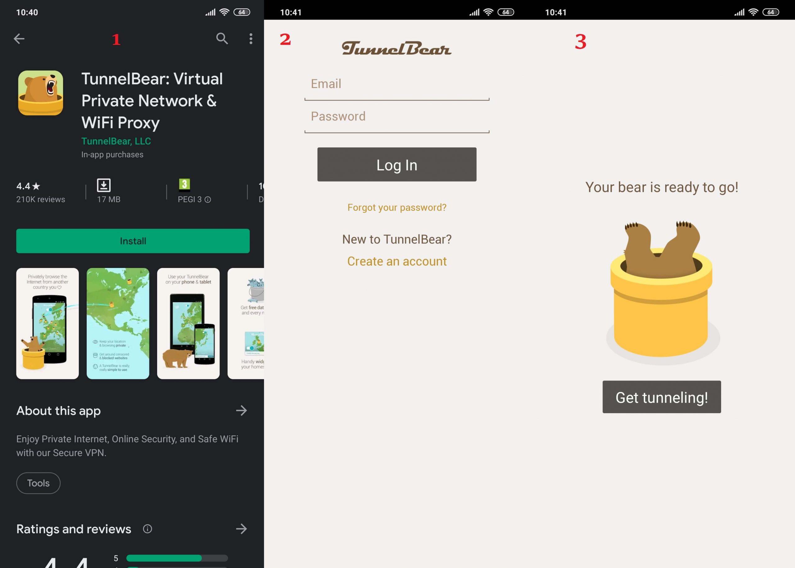 TunnelBear Android 1, 2, 3