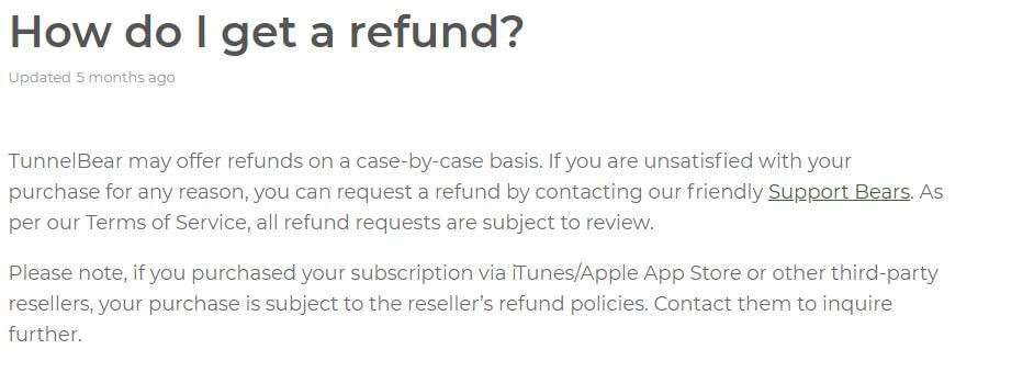 TunnelBear Refund Policy