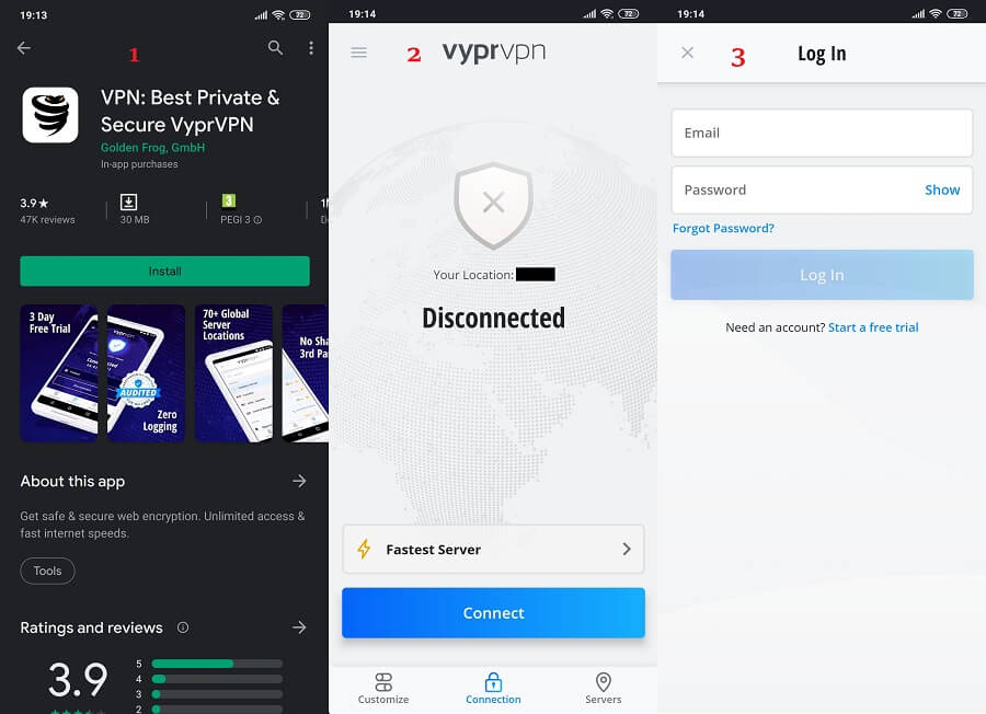 VyprVPN Android 1, 2, 3