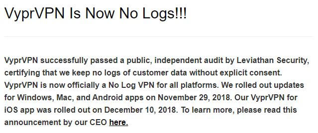 VyprVPN No Logs