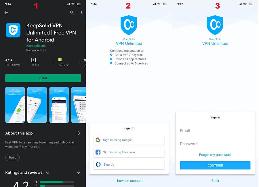 VPN Unlimited Android 1, 2, 3