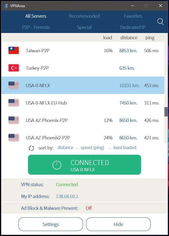 VPNarea WIndows Connected