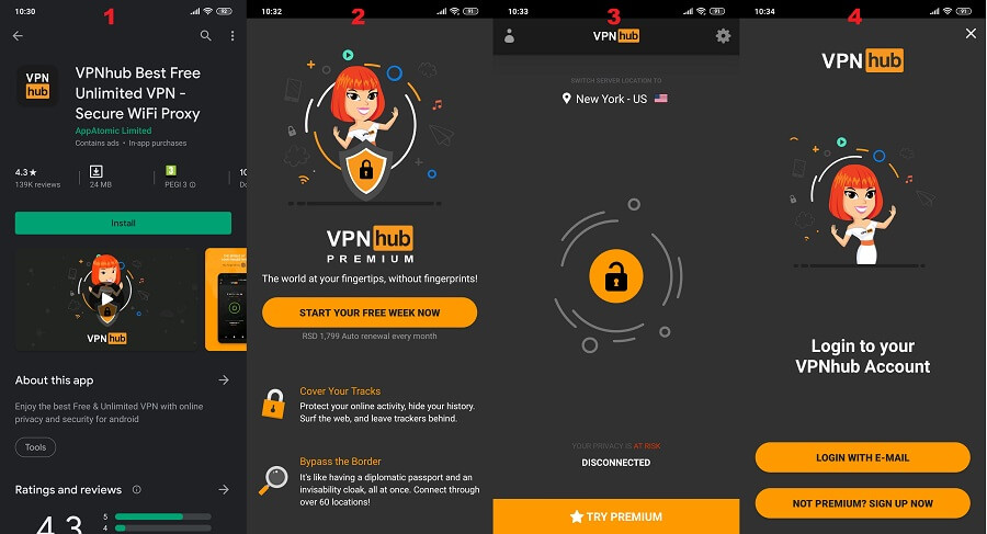 VPNhub Android 1, 2, 3, 4