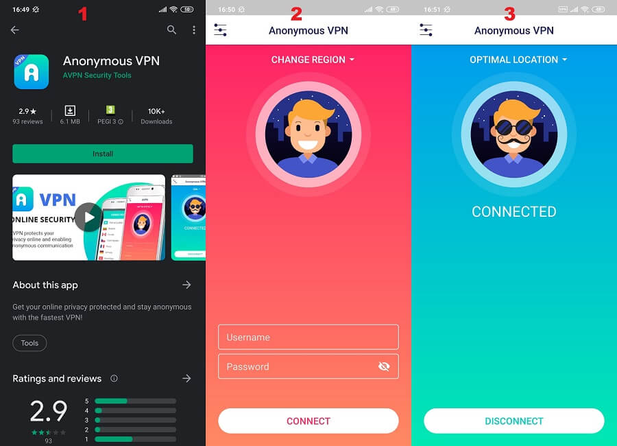 Anonymous VPN Android, 1, 2, 3