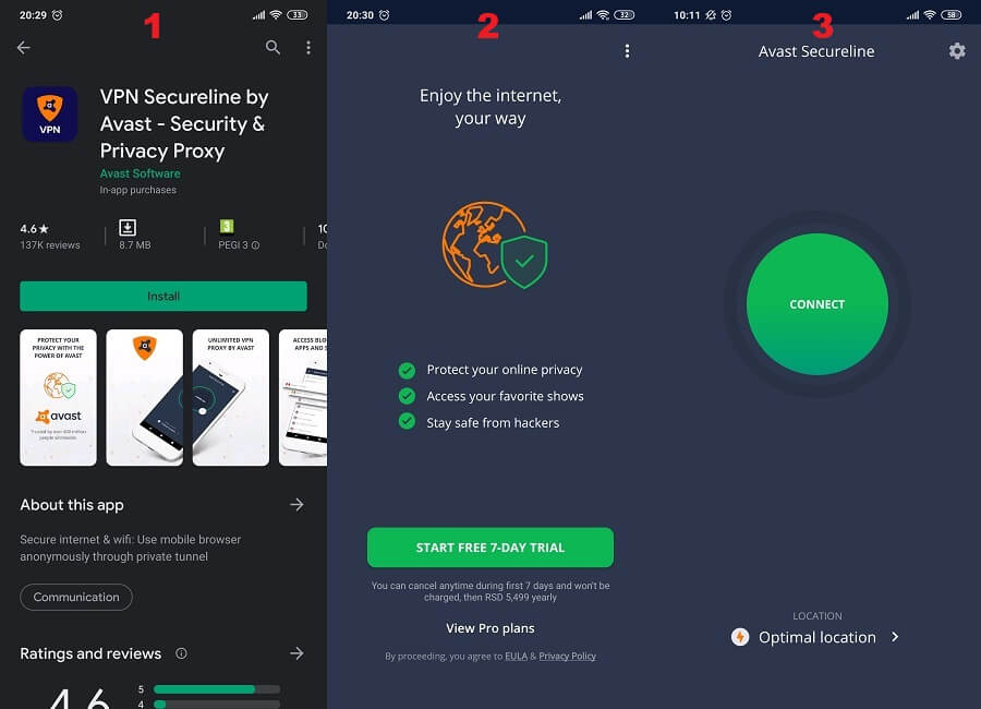 Avast SecureLine Android 1, 2, 3