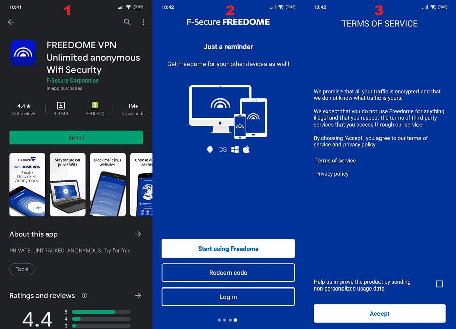 F-Secure Freedome Android 1, 2, 3
