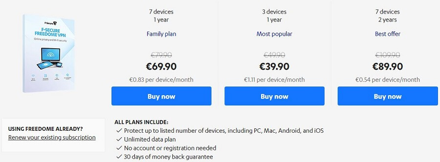 F-Secure Freedome VPN Pricing