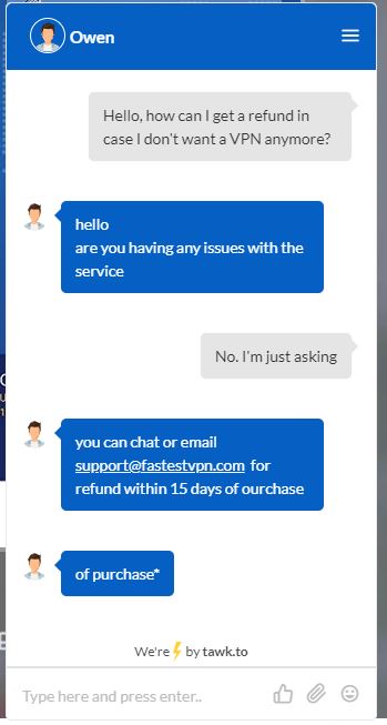 FastestVPN Refund Chat