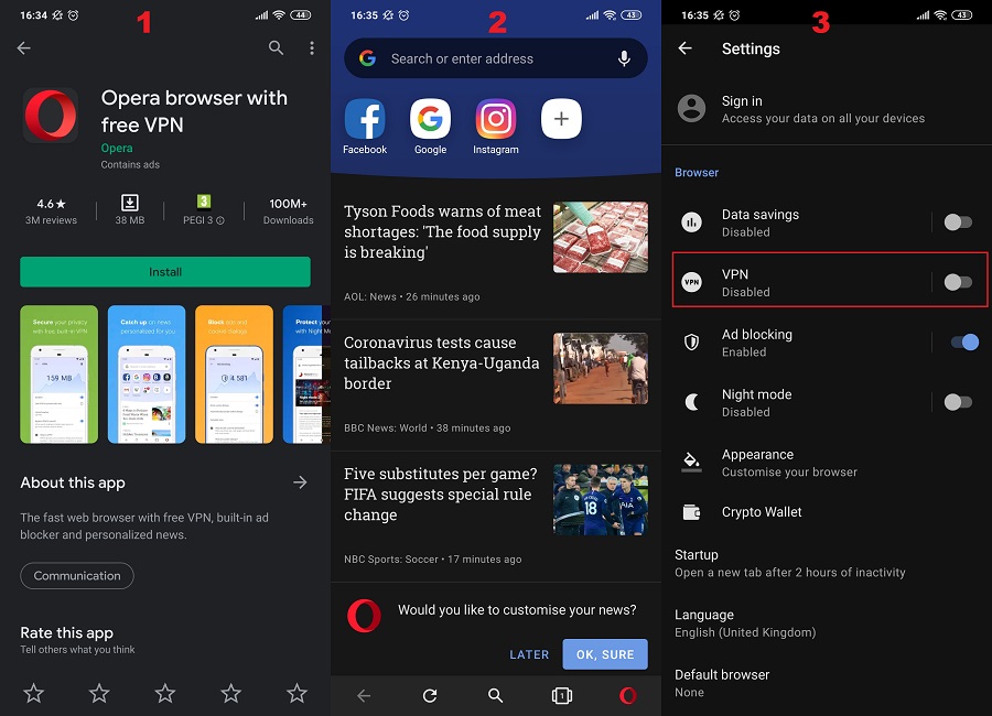 Opera VPN Android 1, 2, 3