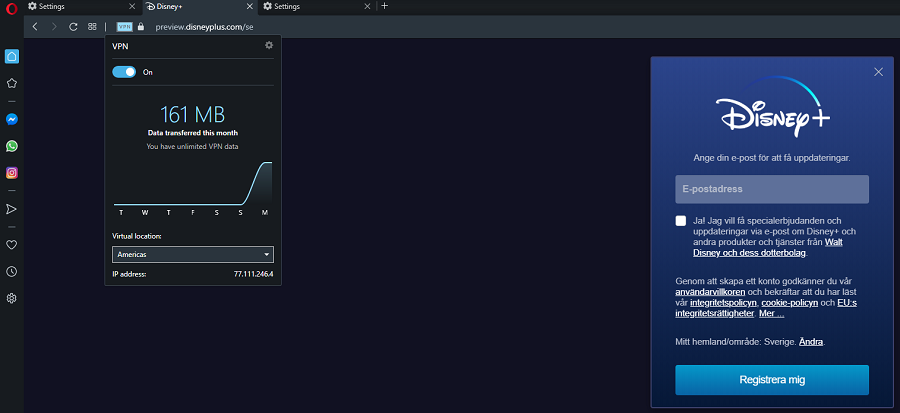 Opera VPN Disney+