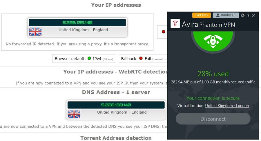 Avira Phantom VPN IP Leak Test