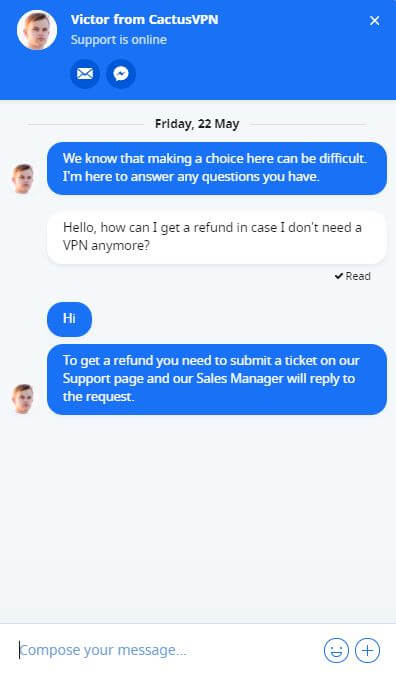 CactusVPN Refund Chat