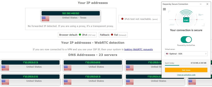 Kaspersky Secure Connection IP Leak Test