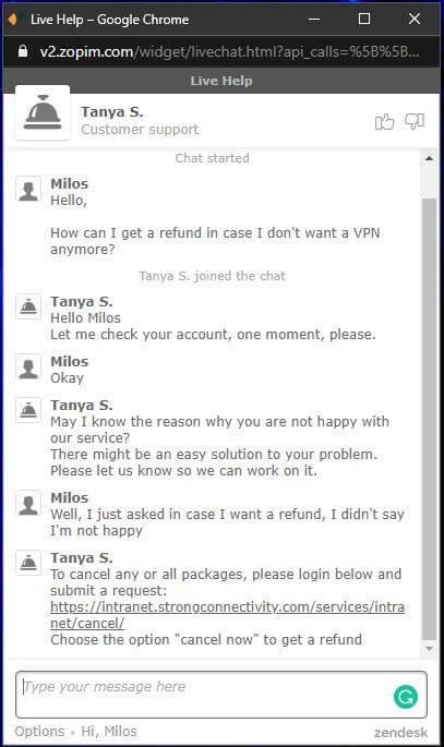 StrongVPN Refund Chat