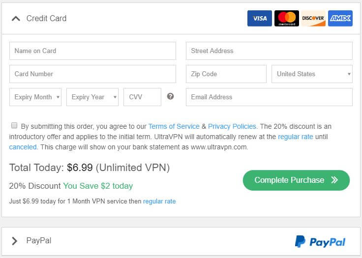 UltraVPN Payment Methods